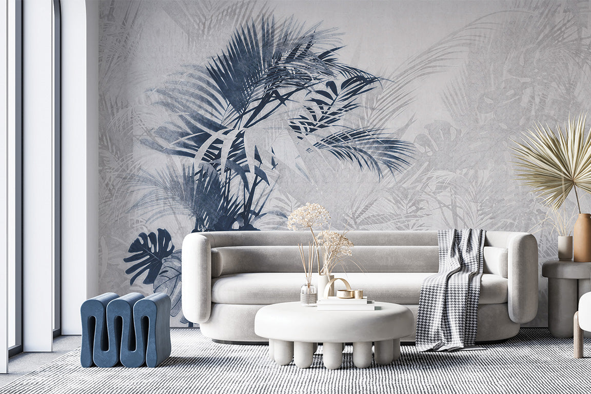 A modern decorative wallpaper mural featuring a soft background with delicate tropical leaf patterns. The design includes detailed palm and monstera leaves on the left side, creating a subtle yet stylish contrast. Perfect for adding a sophisticated botanical touch to any space.