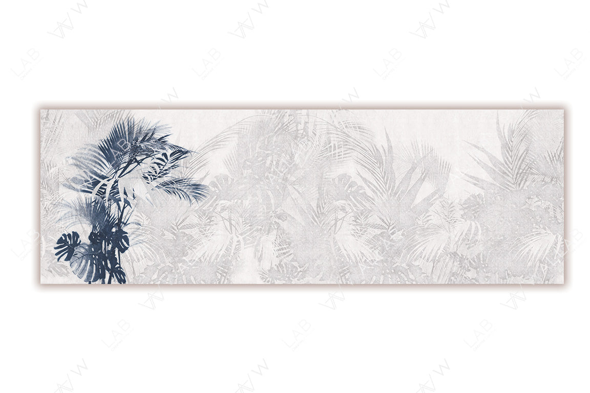 A modern decorative wallpaper mural featuring a soft background with delicate tropical leaf patterns. The design includes detailed palm and monstera leaves on the left side, creating a subtle yet stylish contrast. Perfect for adding a sophisticated botanical touch to any space.