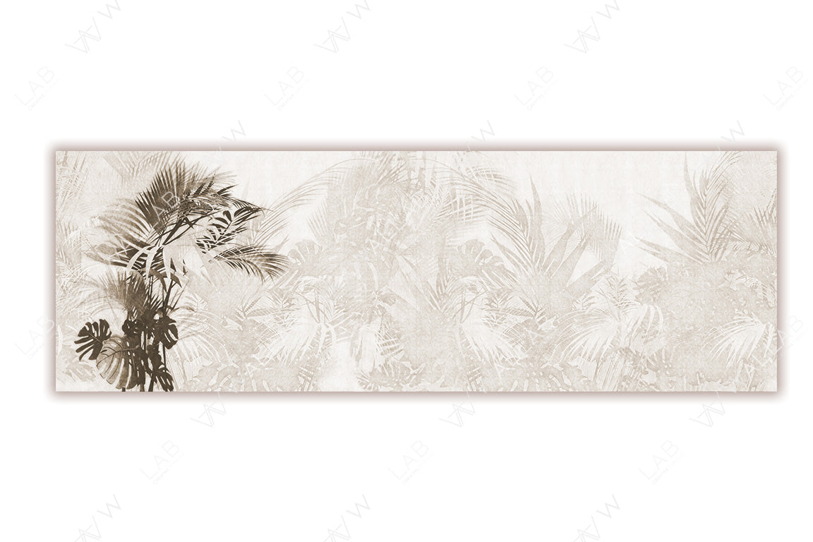 A modern decorative wallpaper mural featuring a soft background with delicate tropical leaf patterns. The design includes detailed palm and monstera leaves on the left side, creating a subtle yet stylish contrast. Perfect for adding a sophisticated botanical touch to any space.