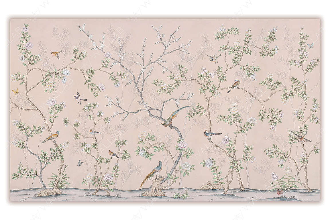 An elegant mural featuring intertwining branches adorned with delicate blossoms and perched birds, set against a soft background. The intricate details of flowers, leaves, and birds create a tranquil, timeless aesthetic with a touch of nature-inspired sophistication.