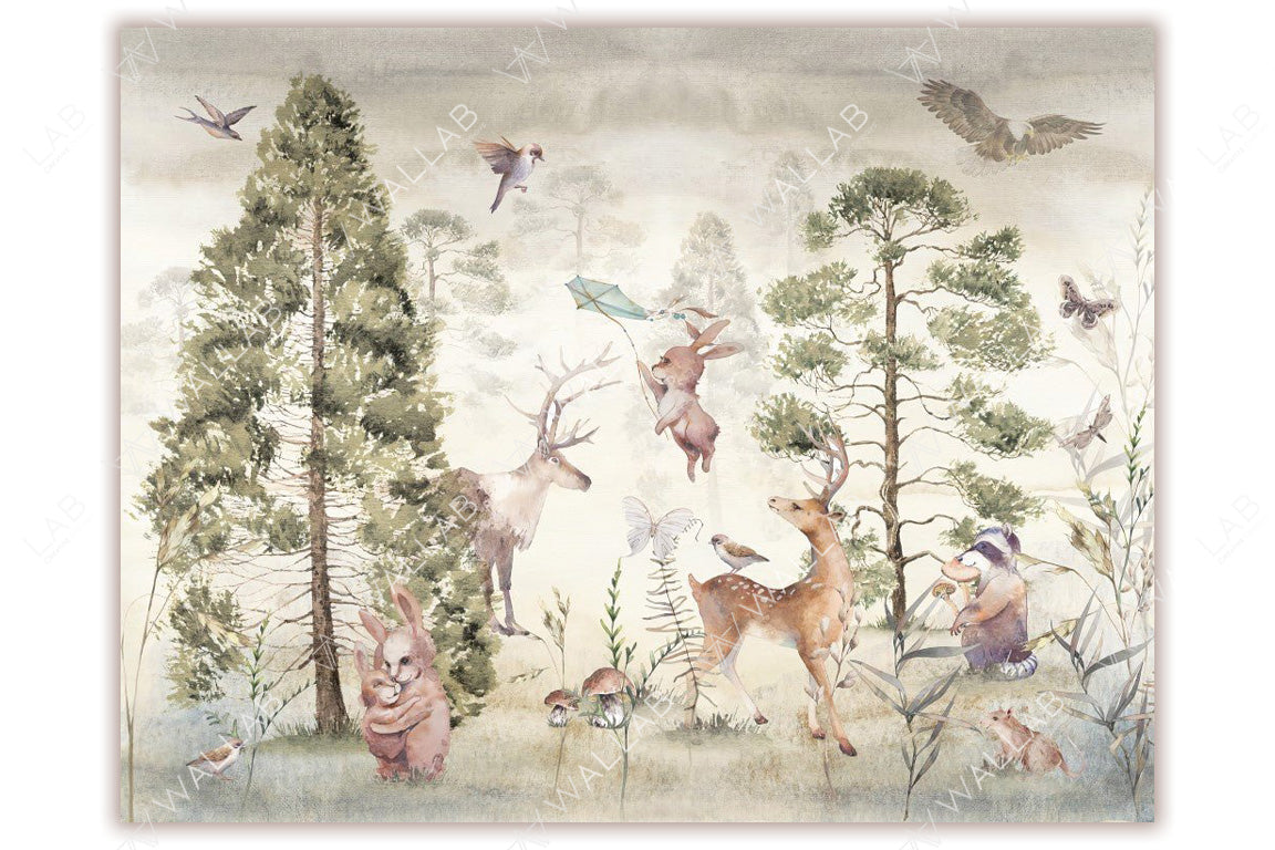 This enchanting forest illustration features a mix of woodland animals, including rabbits, deer, raccoons, and birds, amidst a backdrop of tall evergreen trees and delicate plants. A whimsical touch is added with a rabbit flying a kite and butterflies fluttering around, creating a magical, serene nature.