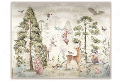 This enchanting forest illustration features a mix of woodland animals, including rabbits, deer, raccoons, and birds, amidst a backdrop of tall evergreen trees and delicate plants. A whimsical touch is added with a rabbit flying a kite and butterflies fluttering around, creating a magical, serene nature.