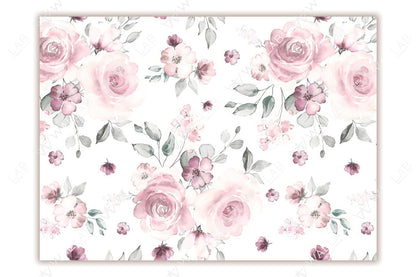 A delicate pattern of hand-drawn watercolor flowers in soft pink and magenta hues, accompanied by muted green leaves on a white background. The floral design exudes a romantic and feminine charm, perfect for decorative or elegant themes. The seamless repetition creates a graceful and timeless aesthetic.