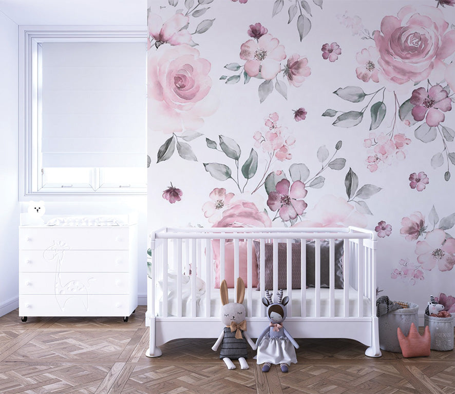 A delicate pattern of hand-drawn watercolor flowers in soft pink and magenta hues, accompanied by muted green leaves on a white background. The floral design exudes a romantic and feminine charm, perfect for decorative or elegant themes. The seamless repetition creates a graceful and timeless aesthetic.