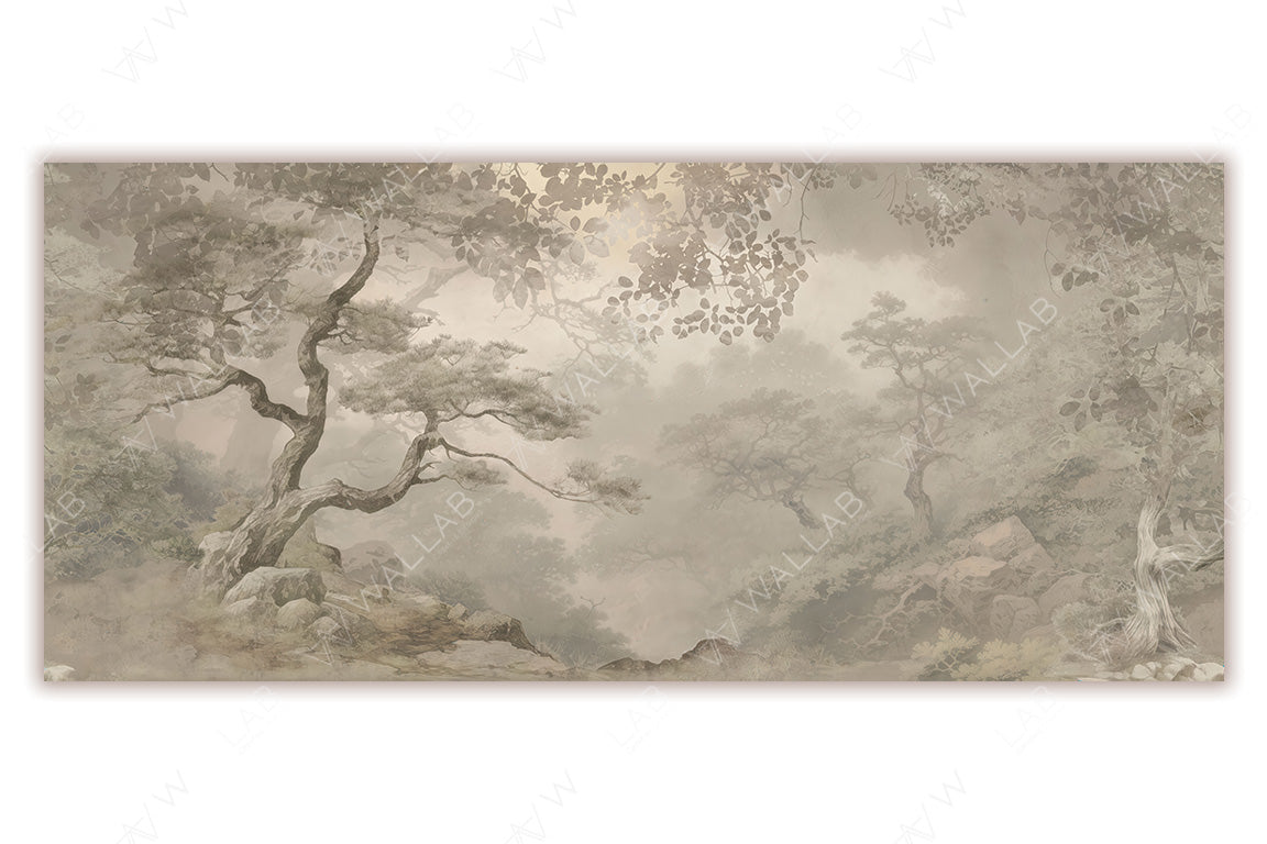 A serene, misty landscape with elegantly twisted trees and soft foliage. The muted tones blend harmoniously, creating an ethereal and tranquil atmosphere. The hazy background and detailed foreground evoke a sense of depth and timeless natural beauty, perfect for creating a calming aesthetic.