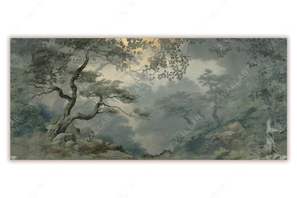 A serene, misty landscape with elegantly twisted trees and soft foliage. The muted tones blend harmoniously, creating an ethereal and tranquil atmosphere. The hazy background and detailed foreground evoke a sense of depth and timeless natural beauty, perfect for creating a calming aesthetic.