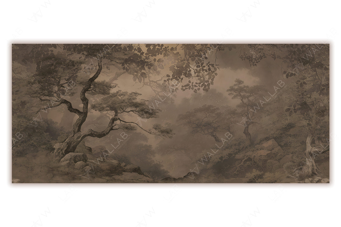 A serene, misty landscape with elegantly twisted trees and soft foliage. The muted tones blend harmoniously, creating an ethereal and tranquil atmosphere. The hazy background and detailed foreground evoke a sense of depth and timeless natural beauty, perfect for creating a calming aesthetic.