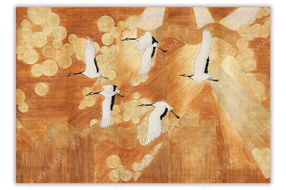 An artistic depiction of cranes in flight against a radiant background of warm golden hues and intricate patterns. Circular motifs and textured rays create a dynamic sense of movement and energy, blending traditional and contemporary design elements. The harmonious composition evokes elegance and serenity, ideal for a sophisticated and nature-inspired aesthetic.