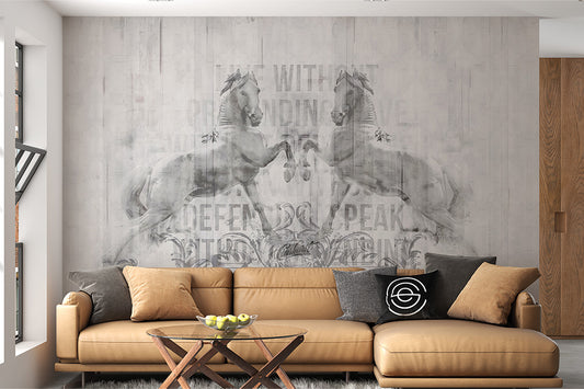 A symmetrical composition of two majestic horses rearing up against a distressed, textured background in soft tones. Intricate ornamental flourishes accentuate the base of the design, while faint typography adds a vintage, layered effect. The artwork exudes a refined and classic charm, ideal for elegant and rustic themes.