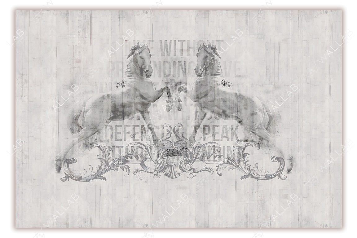 A symmetrical composition of two majestic horses rearing up against a distressed, textured background in soft tones. Intricate ornamental flourishes accentuate the base of the design, while faint typography adds a vintage, layered effect. The artwork exudes a refined and classic charm, ideal for elegant and rustic themes.