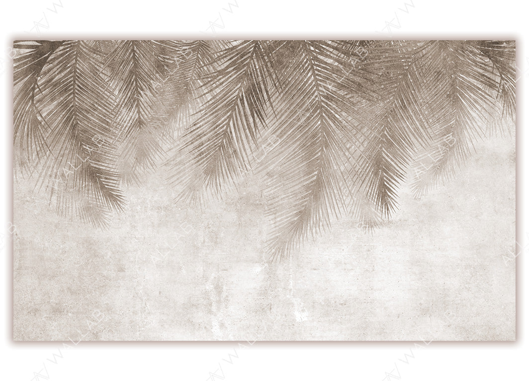 A calming wallpaper design featuring softly shaded palm leaves cascading from the top. The textured background creates a weathered, natural aesthetic perfect for serene interiors.