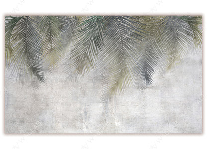 A calming wallpaper design featuring softly shaded palm leaves cascading from the top. The textured background creates a weathered, natural aesthetic perfect for serene interiors.