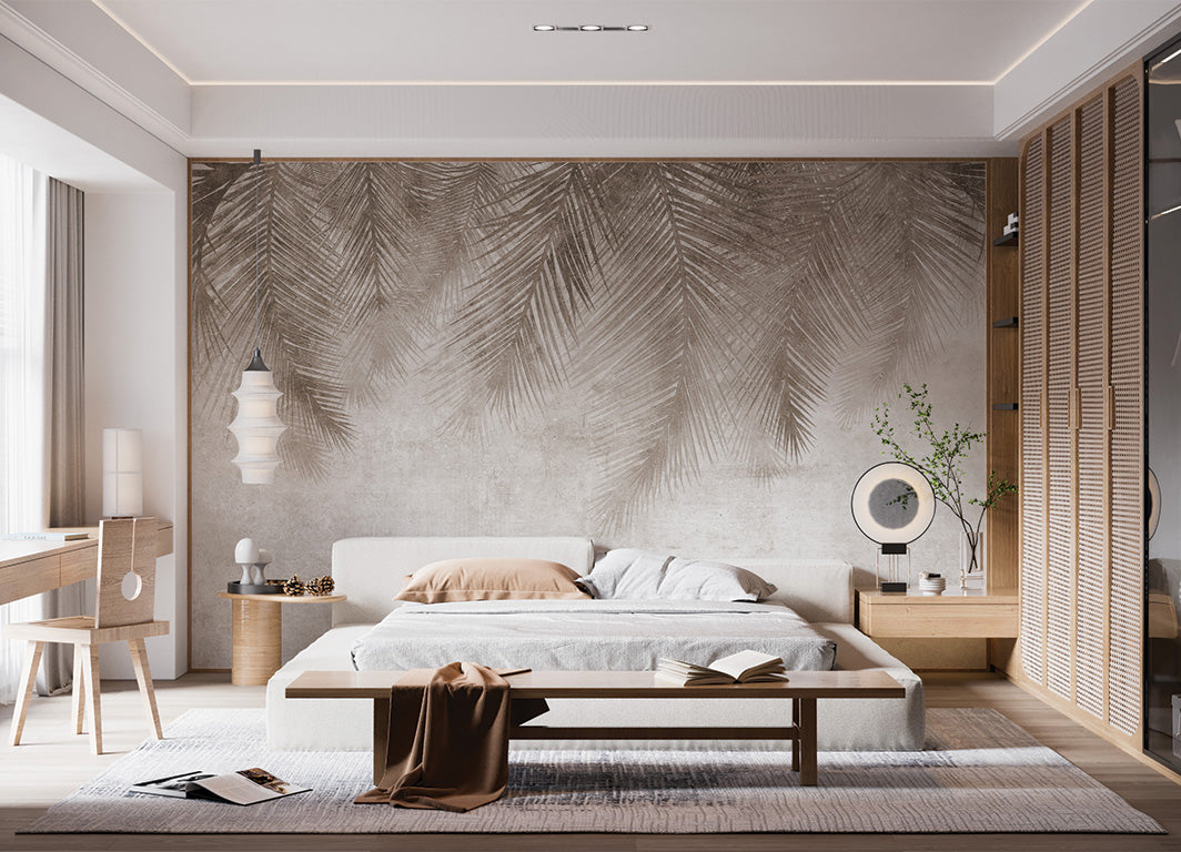 A calming wallpaper design featuring softly shaded palm leaves cascading from the top. The textured background creates a weathered, natural aesthetic perfect for serene interiors.