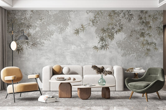 A serene, nature-inspired scene with delicate branches and leaves subtly overlaid on a misty, textured background. The muted tones evoke a calm and tranquil ambiance, reminiscent of a foggy morning. Perfect for creating a soothing, natural atmosphere in interior design or artwork.