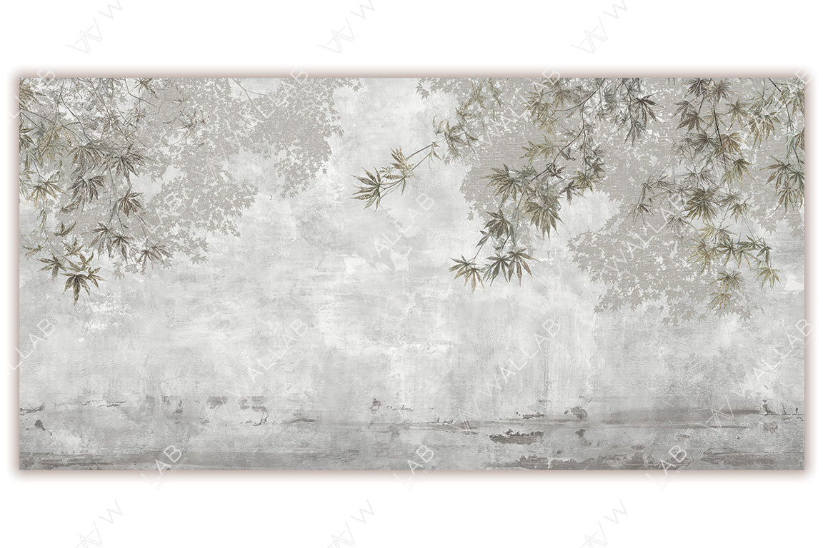 A serene, nature-inspired scene with delicate branches and leaves subtly overlaid on a misty, textured background. The muted tones evoke a calm and tranquil ambiance, reminiscent of a foggy morning. Perfect for creating a soothing, natural atmosphere in interior design or artwork.