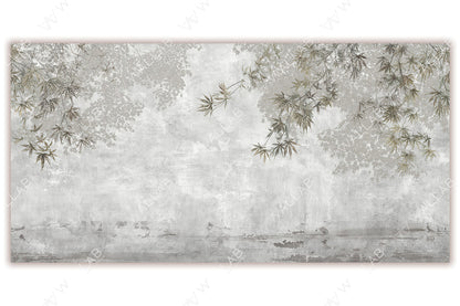 A serene, nature-inspired scene with delicate branches and leaves subtly overlaid on a misty, textured background. The muted tones evoke a calm and tranquil ambiance, reminiscent of a foggy morning. Perfect for creating a soothing, natural atmosphere in interior design or artwork.