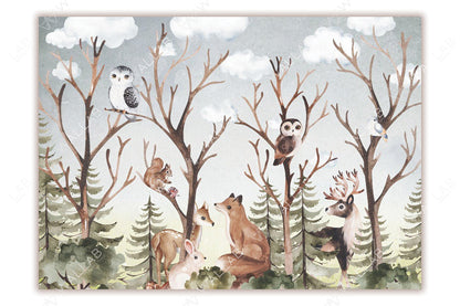 This charming woodland illustration depicts a variety of forest animals nestled among bare tree branches, surrounded by a lush forest backdrop under a cloudy sky. Animals like owls, a fox, deer, a squirrel, and a rabbit interact in a whimsical, peaceful setting.