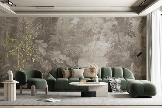 A lush, serene jungle scene with dense tropical foliage and a calm body of water reflecting the surrounding greenery. Rendered in soft, sepia-like tones, it exudes a vintage yet tranquil ambiance, perfect for creating a soothing atmosphere in any space.