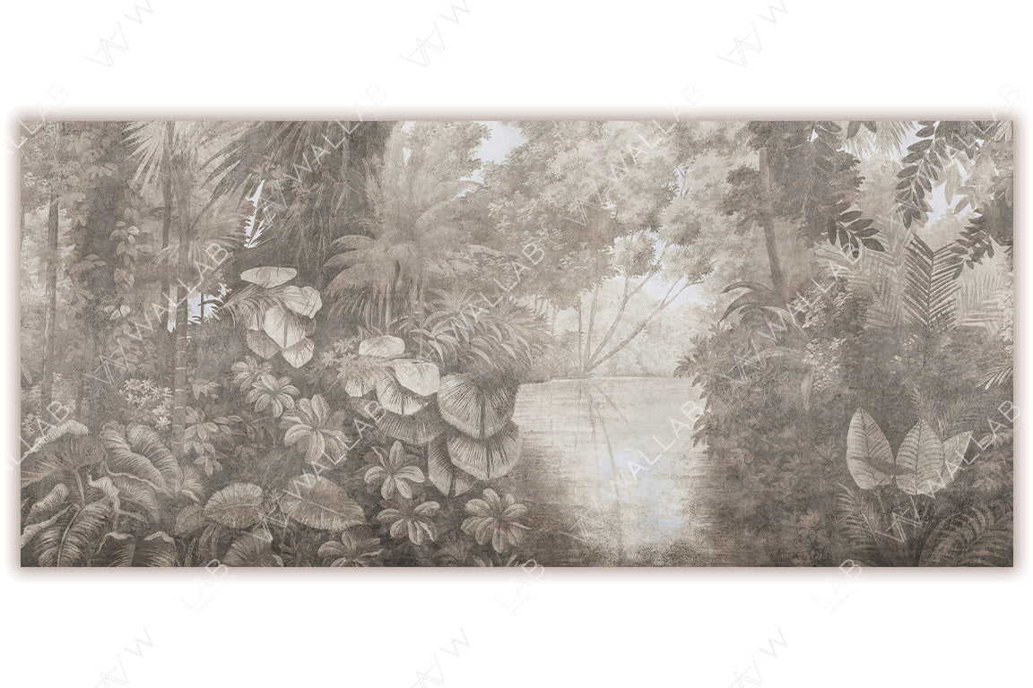 A lush, serene jungle scene with dense tropical foliage and a calm body of water reflecting the surrounding greenery. Rendered in soft, sepia-like tones, it exudes a vintage yet tranquil ambiance, perfect for creating a soothing atmosphere in any space.