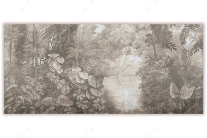 A lush, serene jungle scene with dense tropical foliage and a calm body of water reflecting the surrounding greenery. Rendered in soft, sepia-like tones, it exudes a vintage yet tranquil ambiance, perfect for creating a soothing atmosphere in any space.