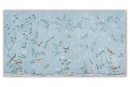 A delicate mural featuring intertwining branches with small blossoms and vibrant birds perched throughout, set against a serene light blue background. The intricate details of flowers, leaves, and butterflies create a tranquil, nature-inspired aesthetic with a timeless elegance