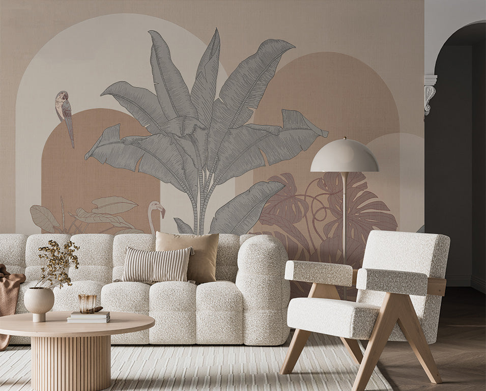 A modern tropical mural featuring large banana leaves, monstera plants, and perched birds in soft pastel tones of beige, pink, and muted grey. The design incorporates geometric arches and abstract shapes, blending natural elements with contemporary artistry for a calming and sophisticated atmosphere.