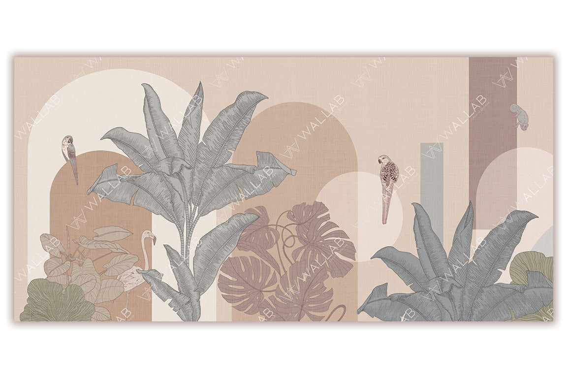 A modern tropical mural featuring large banana leaves, monstera plants, and perched birds in soft pastel tones of beige, pink, and muted grey. The design incorporates geometric arches and abstract shapes, blending natural elements with contemporary artistry for a calming and sophisticated atmosphere.