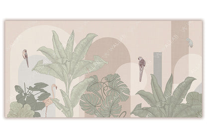 A modern tropical mural featuring large banana leaves, monstera plants, and perched birds in soft pastel tones of beige, pink, and muted grey. The design incorporates geometric arches and abstract shapes, blending natural elements with contemporary artistry for a calming and sophisticated atmosphere.