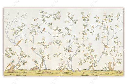 A delicate garden scene featuring thin, flowering branches adorned with small birds perched and in flight. The soft pastel tones and minimal backdrop create a serene, airy aesthetic. Perfect for evoking a peaceful, natural ambiance in any space.