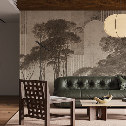 A tranquil forest scene with tall, slender trees silhouetted against a textured beige background. Geometric elements such as arches and vertical stripes are overlaid, blending natural and architectural motifs. The muted sepia tones and layered design create a timeless and serene aesthetic, ideal for minimalist or rustic interiors.