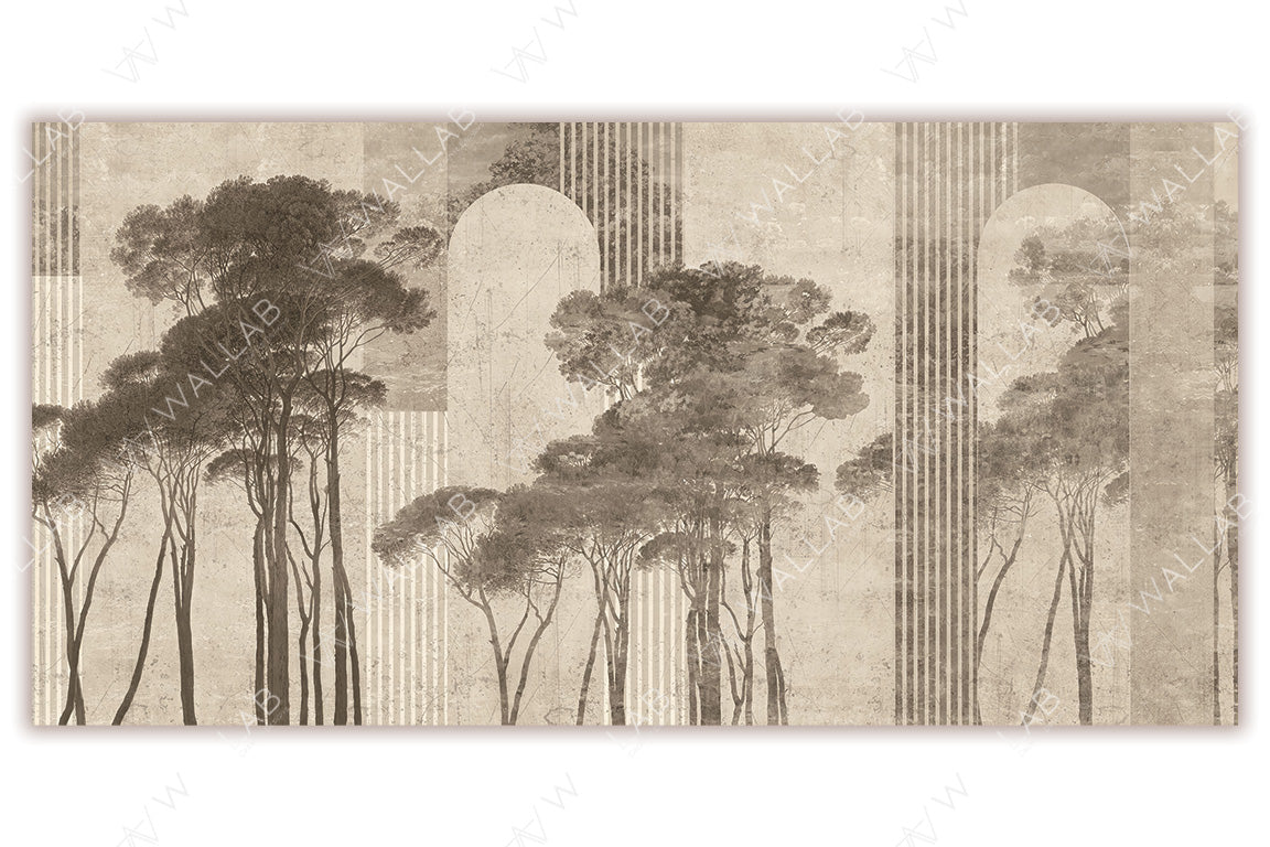 A tranquil forest scene with tall, slender trees silhouetted against a textured beige background. Geometric elements such as arches and vertical stripes are overlaid, blending natural and architectural motifs. The muted sepia tones and layered design create a timeless and serene aesthetic, ideal for minimalist or rustic interiors.