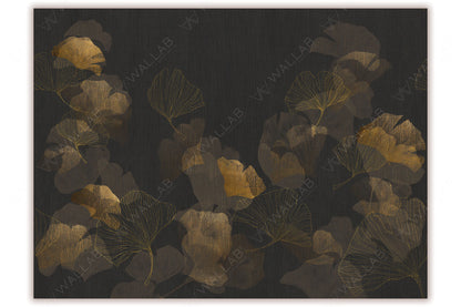 A sophisticated mural featuring delicate ginkgo leaves in gold and muted earthy tones against a deep, textured background. The blend of intricate outlines and subtle shading creates an elegant, modern aesthetic with a luxurious botanical feel.