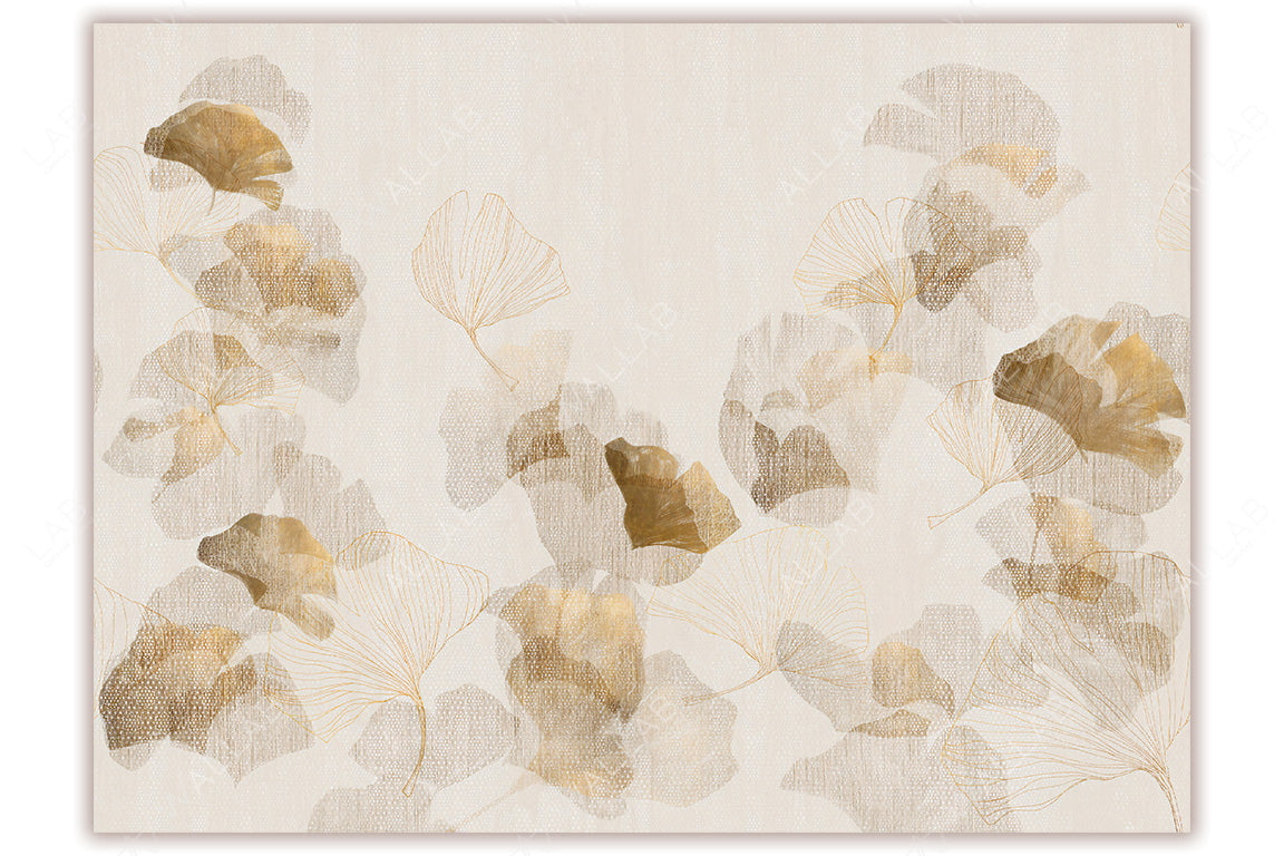 A sophisticated mural featuring delicate ginkgo leaves in gold and muted earthy tones against a deep, textured background. The blend of intricate outlines and subtle shading creates an elegant, modern aesthetic with a luxurious botanical feel.