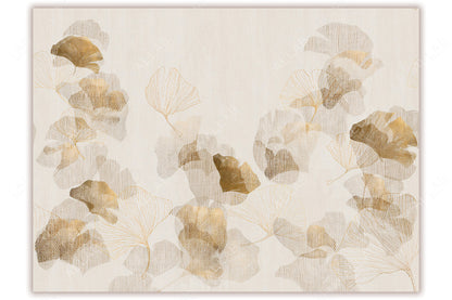 A sophisticated mural featuring delicate ginkgo leaves in gold and muted earthy tones against a deep, textured background. The blend of intricate outlines and subtle shading creates an elegant, modern aesthetic with a luxurious botanical feel.