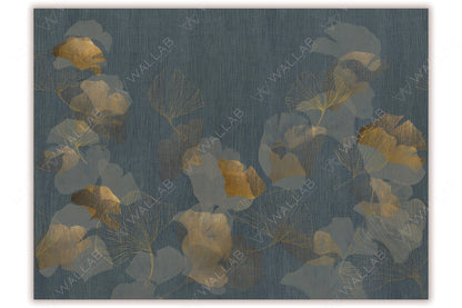 A sophisticated mural featuring delicate ginkgo leaves in gold and muted earthy tones against a deep, textured background. The blend of intricate outlines and subtle shading creates an elegant, modern aesthetic with a luxurious botanical feel.