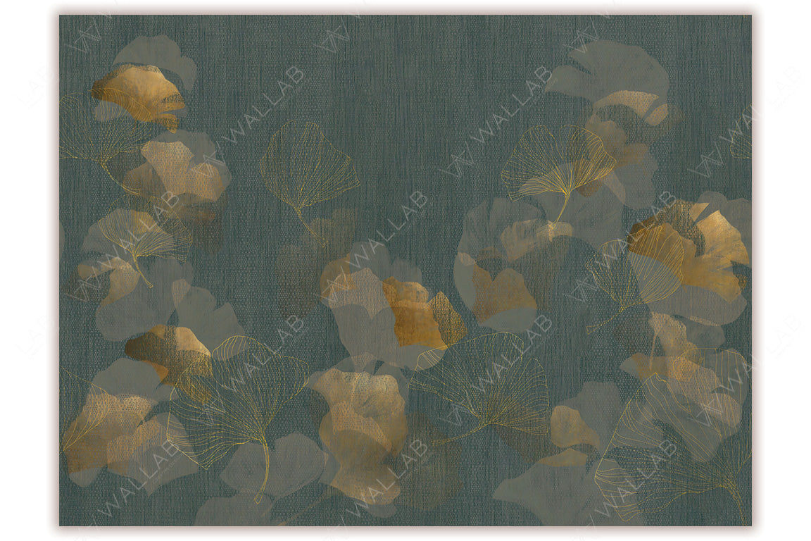 A sophisticated mural featuring delicate ginkgo leaves in gold and muted earthy tones against a deep, textured background. The blend of intricate outlines and subtle shading creates an elegant, modern aesthetic with a luxurious botanical feel.