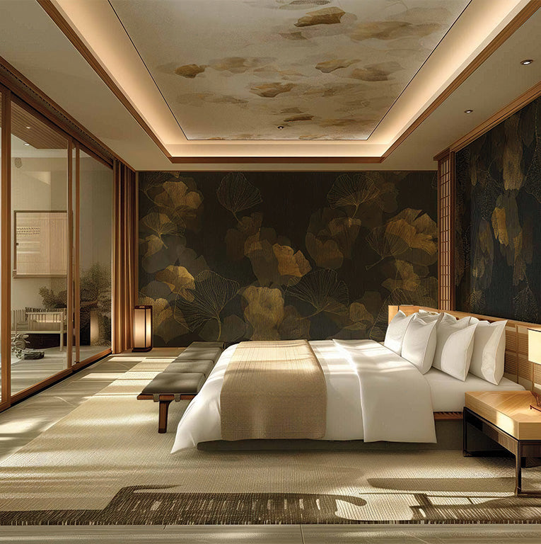 A sophisticated mural featuring delicate ginkgo leaves in gold and muted earthy tones against a deep, textured background. The blend of intricate outlines and subtle shading creates an elegant, modern aesthetic with a luxurious botanical feel.