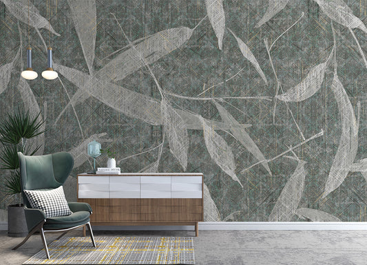 An abstract mural featuring stylized eucalyptus leaves over a textured background. The intricate line work and subtle layers add depth, creating a modern and organic design.