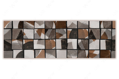 A geometric pattern composed of rectangular grids, each filled with abstract shapes and curved forms. The design creates a dynamic interplay of colors and textures, with a modern, mosaic-like aesthetic. Perfect for contemporary decor or artistic interior accents.