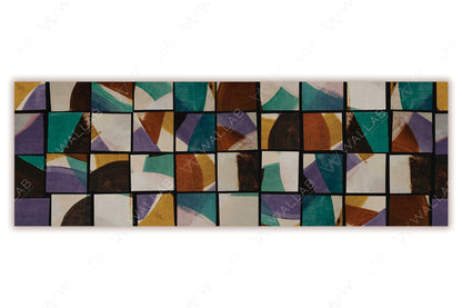 A geometric pattern composed of rectangular grids, each filled with abstract shapes and curved forms. The design creates a dynamic interplay of colors and textures, with a modern, mosaic-like aesthetic. Perfect for contemporary decor or artistic interior accents.