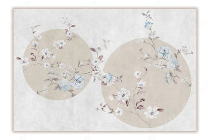 An elegant floral design with delicate branches of blossoms in soft pastel shades of blue, white, and muted burgundy. The composition features two overlapping beige circular shapes, providing a harmonious and balanced backdrop for the intricate floral elements. The design exudes a refined, minimalist aesthetic, perfect for classic or modern interiors.