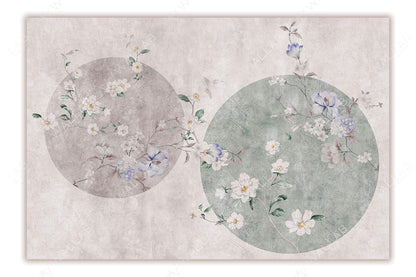 An elegant floral design with delicate branches of blossoms in soft pastel shades of blue, white, and muted burgundy. The composition features two overlapping beige circular shapes, providing a harmonious and balanced backdrop for the intricate floral elements. The design exudes a refined, minimalist aesthetic, perfect for classic or modern interiors.