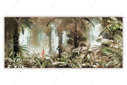 A lush, tropical rainforest scene featuring dense greenery, large fanning palm leaves, and various foliage bathed in soft, diffused light. A red flowering plant stands out among the greens, adding a pop of color to the misty, serene jungle backdrop.