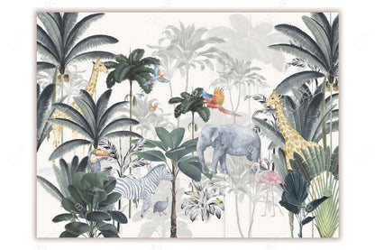 This vibrant jungle-themed illustration features exotic animals such as giraffes, an elephant, a zebra, and colorful parrots amidst lush tropical foliage. Palm trees and layered greenery create a dense, immersive environment, while splashes of pink from flamingos and orange from butterflies add lively accents. The artwork captures a serene yet lively atmosphere of a thriving jungle.