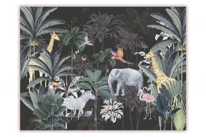 This vibrant jungle-themed illustration features exotic animals such as giraffes, an elephant, a zebra, and colorful parrots amidst lush tropical foliage. Palm trees and layered greenery create a dense, immersive environment, while splashes of pink from flamingos and orange from butterflies add lively accents. The artwork captures a serene yet lively atmosphere of a thriving jungle.