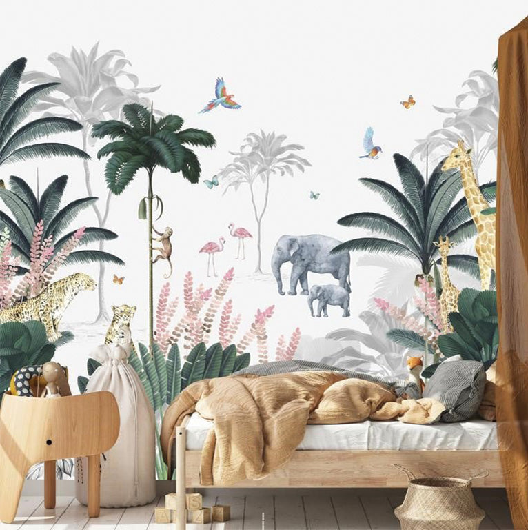 This vibrant jungle-themed illustration features exotic animals such as giraffes, an elephant, a zebra, and colorful parrots amidst lush tropical foliage. Palm trees and layered greenery create a dense, immersive environment, while splashes of pink from flamingos and orange from butterflies add lively accents. The artwork captures a serene yet lively atmosphere of a thriving jungle.