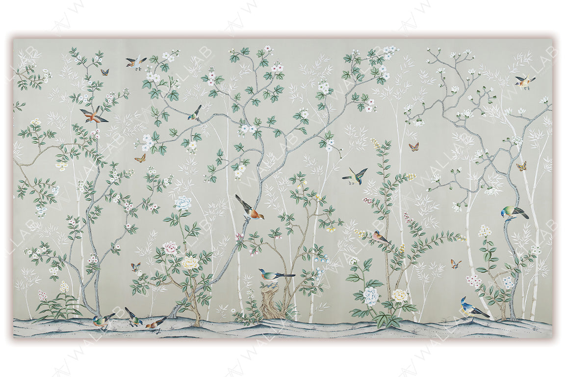 A delicate and elegant design featuring slender tree branches adorned with blossoms and leaves, set against a soft pastel green background. Various birds in vibrant colors perch and flutter among the branches, accompanied by butterflies, creating a lively yet serene composition. Ideal for a nature-inspired or classic decorative theme.