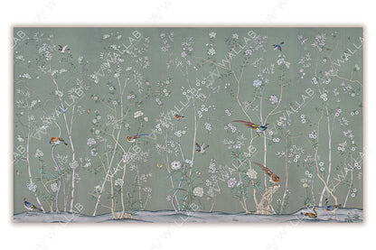 A graceful nature scene with slender trees and delicate blossoms set against a muted green background. Birds of various colors perch and flutter amidst the branches, adding vibrant life to the composition. The intricate details and serene palette make it ideal for classic or nature-inspired decor.