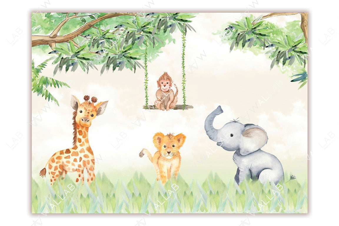 This adorable jungle-themed illustration features a young giraffe, a playful lion cub, and a baby elephant surrounded by tall green grass. Above them, a cheerful monkey swings on a vine-covered swing beneath leafy branches. The soft, pastel colors and friendly expressions give this scene a whimsical and heartwarming vibe.