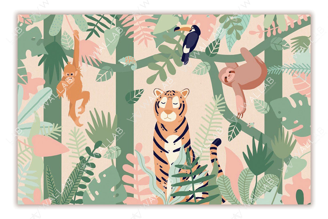 vibrant jungle illustration features a serene tiger sitting amidst lush tropical foliage, accompanied by a playful orangutan, a cheerful sloth, a toucan perched on a branch, and a chameleon blending into its surroundings. The bold leaves in green, pink, and cream hues create a lively and exotic atmosphere. A simple yet dynamic design highlights the wildlife in their natural habitat.